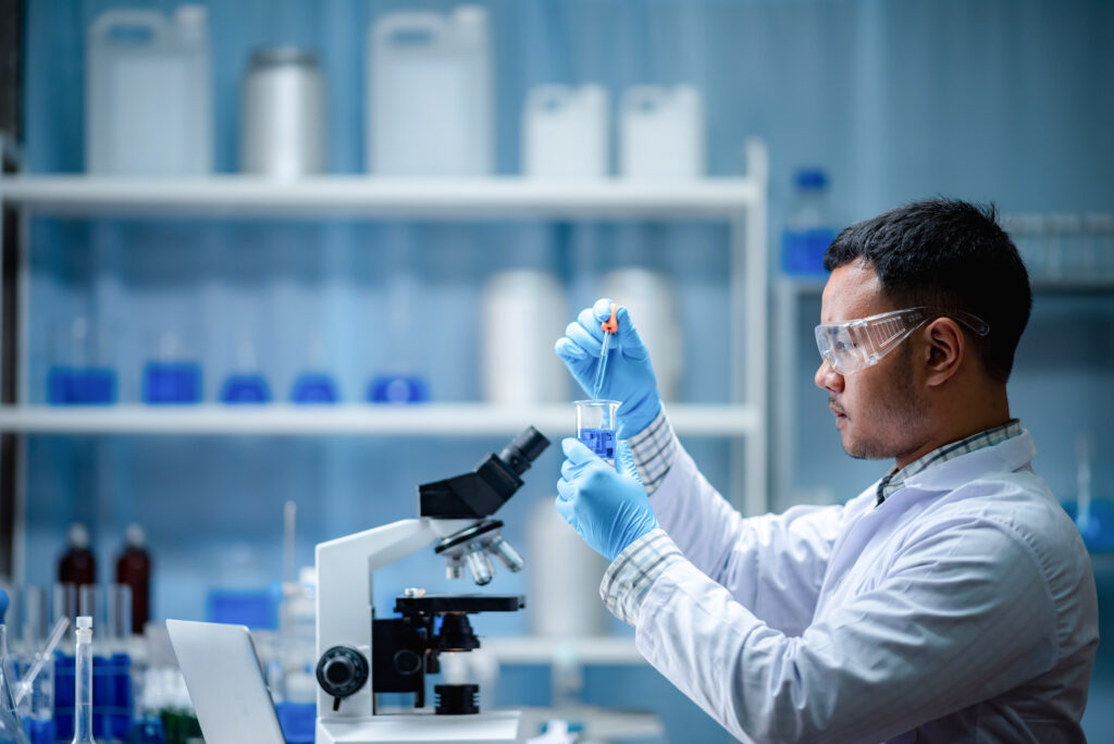 Health care researchers working in medicals science technology research in laboratory